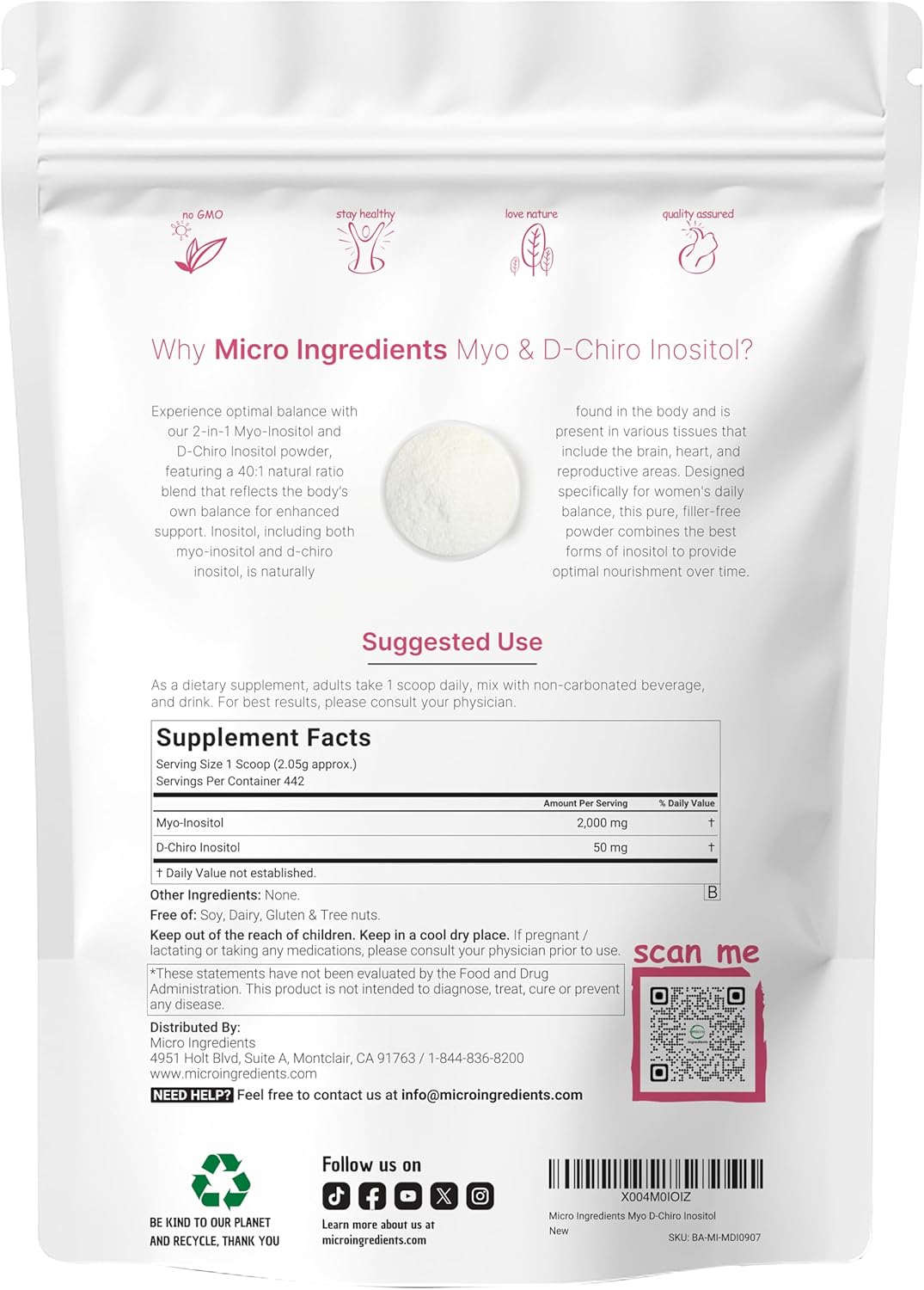 Micro Ingredients Myo-Inositol & D-Chiro Inositol Powder, 2lb (442 Servings) | 40:1 Ideal Ratio Inositol Supplement for Women | Supports Hormonal Balance & Ovarian Health | Non-GMO, Vegan, Filler-Free