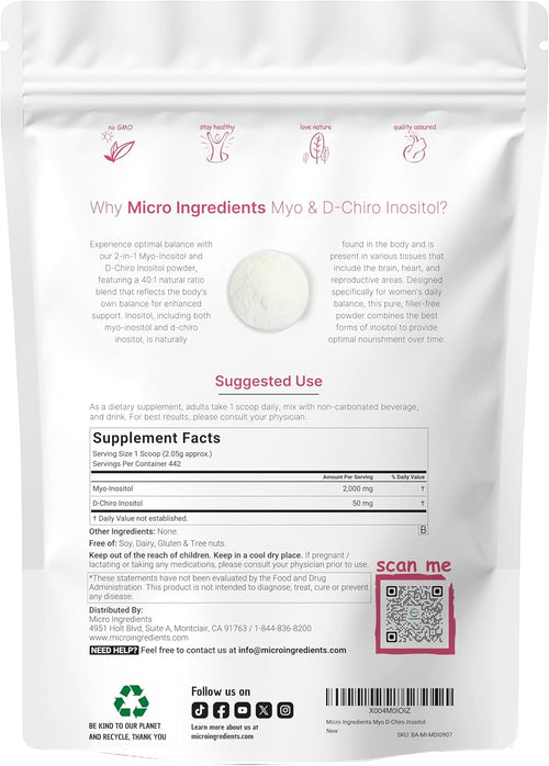 Micro Ingredients Myo-Inositol & D-Chiro Inositol Powder, 2lb (442 Servings) | 40:1 Ideal Ratio Inositol Supplement for Women | Supports Hormonal Balance & Ovarian Health | Non-GMO, Vegan, Filler-Free