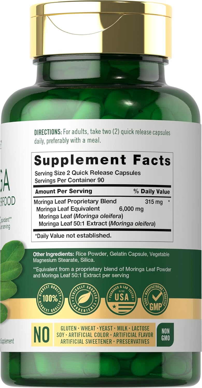 Carlyle Moringa Oleifera Supplement | 180 Capsules | Complete Green Superfood for Women and Men | from Moringa Leaf Powder | Non-GMO and Gluten Free
