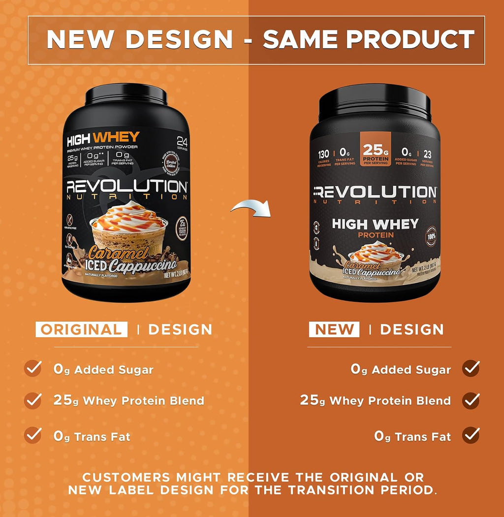 Revolution Nutrition, High Whey, Protein Powder 2LB, Whey Isolate, Gluten Free, Lean Muscle Mass for Men & Women, 25g of Protein Per Scoop, 908 g, 24 Servings (Caramel Iced Cappuccino, 2 Pound)