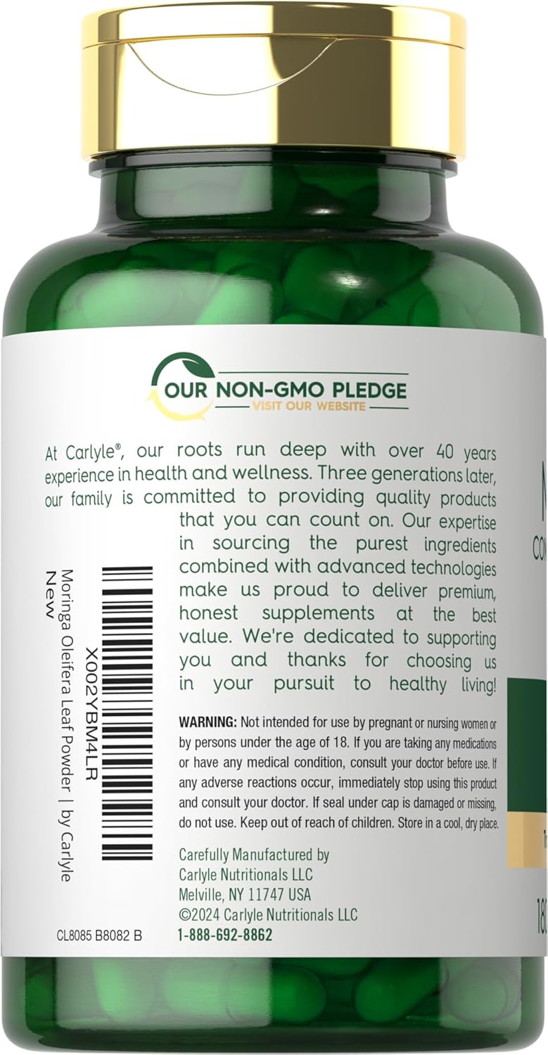 Carlyle Moringa Oleifera Supplement | 180 Capsules | Complete Green Superfood for Women and Men | from Moringa Leaf Powder | Non-GMO and Gluten Free