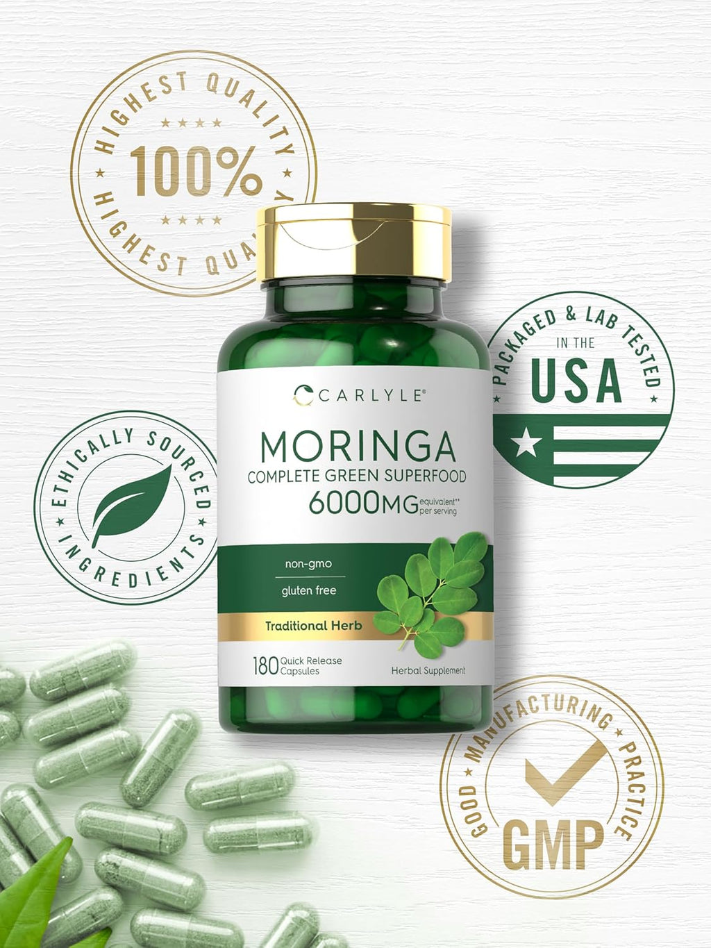 Carlyle Moringa Oleifera Supplement | 180 Capsules | Complete Green Superfood for Women and Men | from Moringa Leaf Powder | Non-GMO and Gluten Free