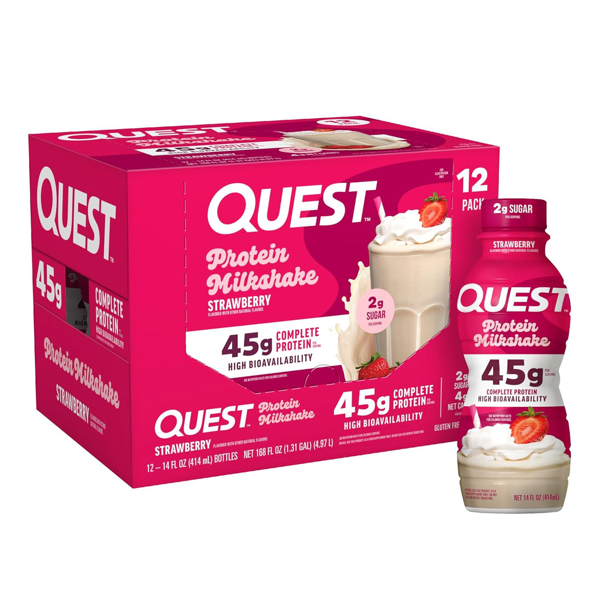 Quest Nutrition Strawberry Protein Shake, 45g Protein, 2g Sugar, 12 Count