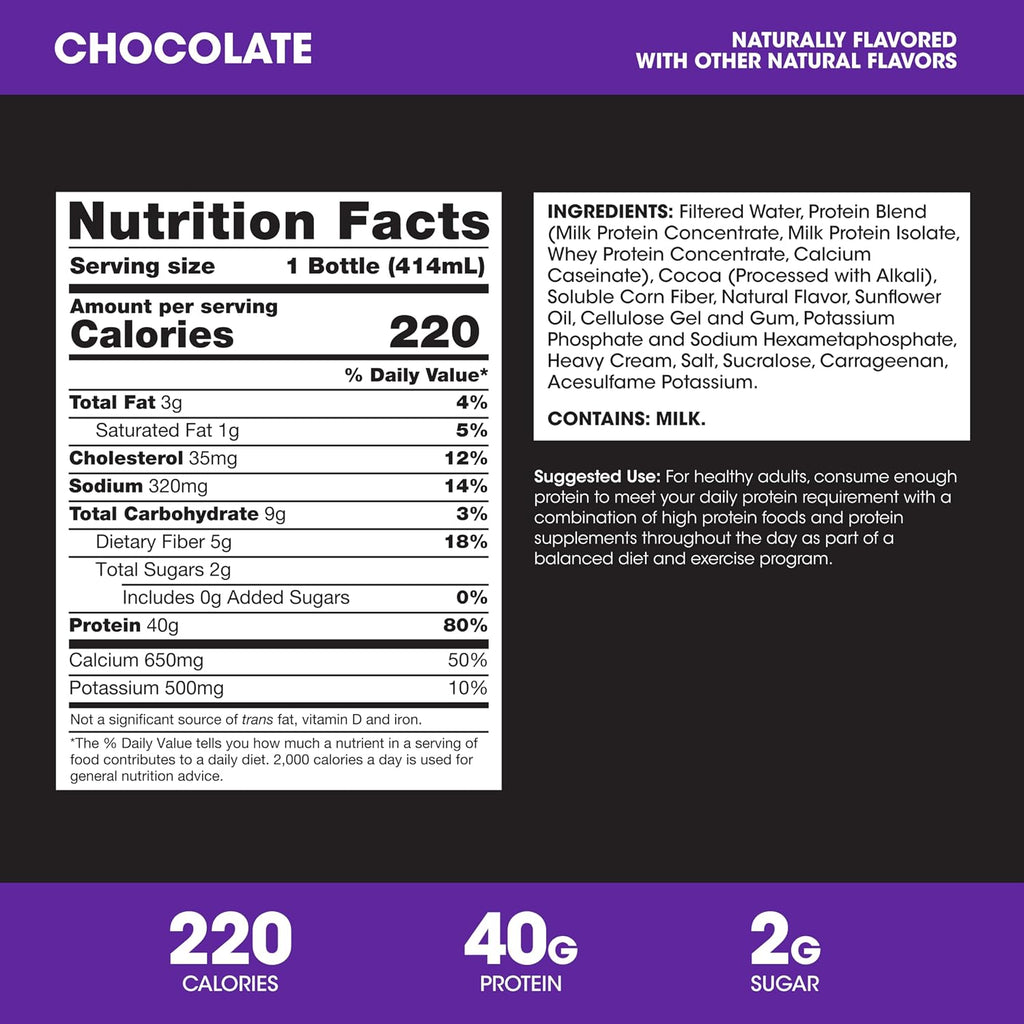 Optimum Nutrition 40g Protein Shake, Chocolate, 14 Fl Oz, 12 Ct