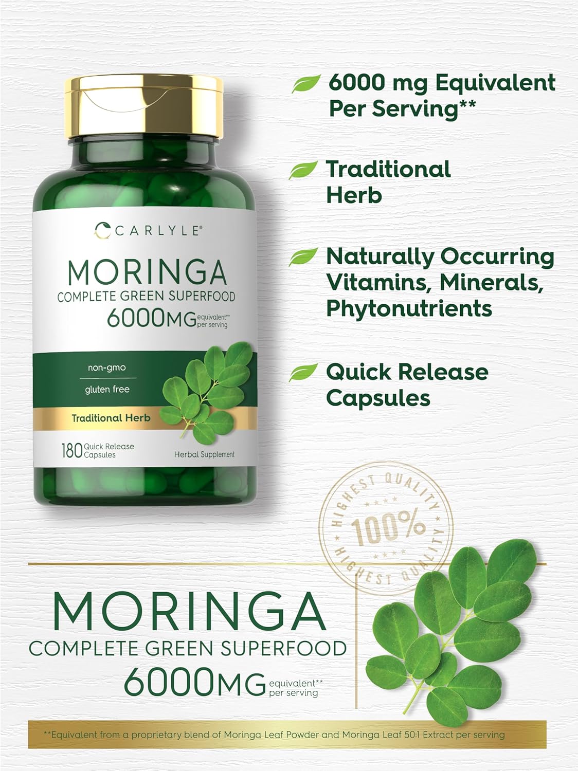 Carlyle Moringa Oleifera Supplement | 180 Capsules | Complete Green Superfood for Women and Men | from Moringa Leaf Powder | Non-GMO and Gluten Free