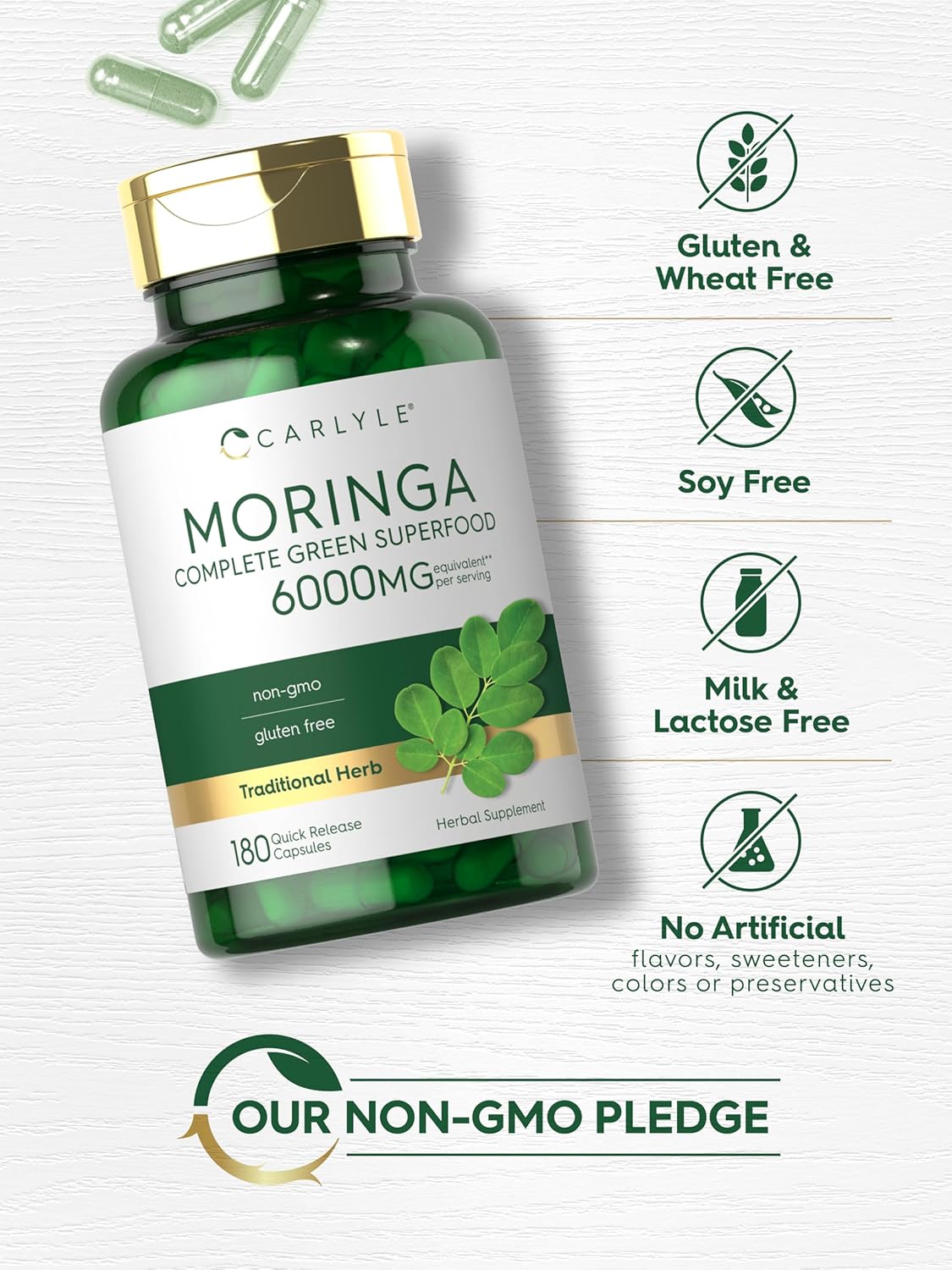 Carlyle Moringa Oleifera Supplement | 180 Capsules | Complete Green Superfood for Women and Men | from Moringa Leaf Powder | Non-GMO and Gluten Free