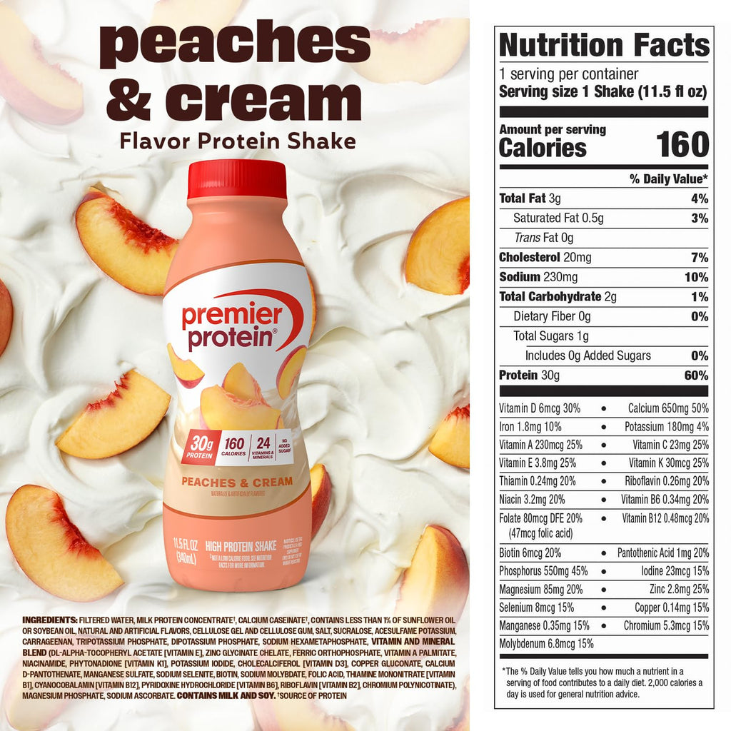 Premier Protein 30g High Protein Shake, Peaches & Cream, 12 Pack